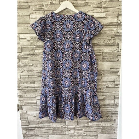 LOFT SP Dress Medallion Button Front Flutter Sleeve Blue Mandala Flounce V Neck - Picture 4 of 7